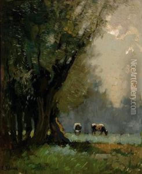 Cows Grazing Near A Forest Oil Painting - Egnatius Ydema