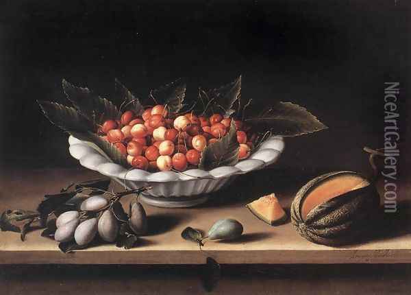 Cup of Cherries and Melon 1633 Oil Painting - Louise Moillon