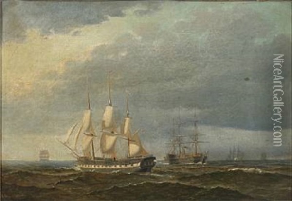Marine With Sailing- And Warships Oil Painting - Carl Julius Emil Olsen
