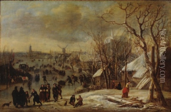 Winter Landscape With Figures Oil Painting - Aert van der Neer