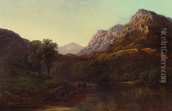 A Mountainous River Landscape With A Figure Fishing In The Foreground Oil Painting - Walter Williams