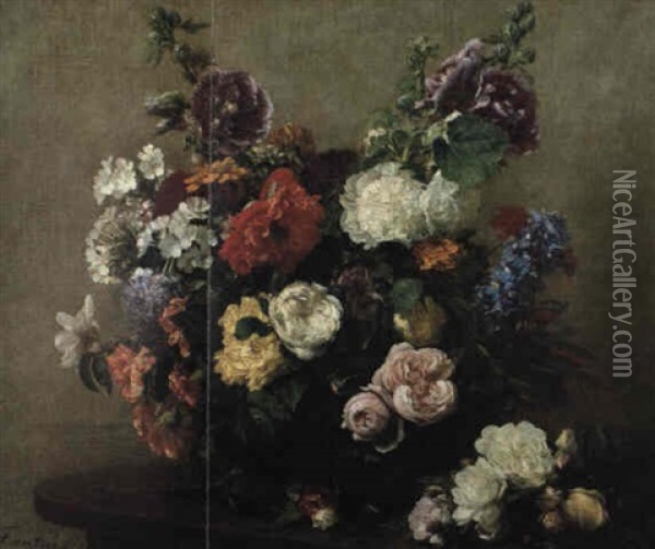 Fleurs Varieset Roses Dans Un Panier, Un Bouquet De Roses Sur La Table Oil Painting - Henri Fantin-Latour