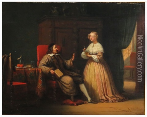 Interior With Gentleman And Wife Bringing Tea Oil Painting - Andries Scheerboom