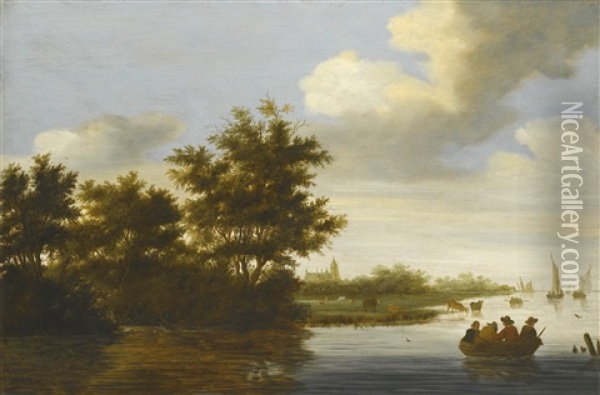River Landscape With Trees Overhanging The Bank, Four Figures In A Rowing Boat And A Distant Cathedral Oil Painting - Salomon van Ruysdael