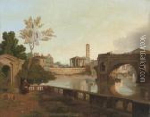 A View Of Rome With The Ponte Rotto And The Temple Of Vesta Oil Painting - Simon-Joseph-Alexandre-Clement Denis