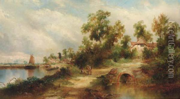 Figures Resting By A Bridge In A River Landscape Oil Painting - Walter Williams