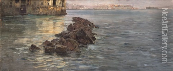 Marina Di Napoli Con Palazzo Donn'anna Sullo Sfondo Oil Painting - Gaetano Esposito
