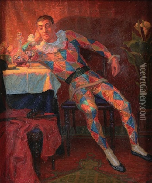The Harlequin Oil Painting - Carl Mathorne