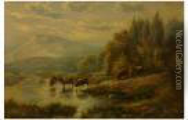 Wooded Mountain Scene With Highland Cattle Oil Painting - Edgar Longstaffe