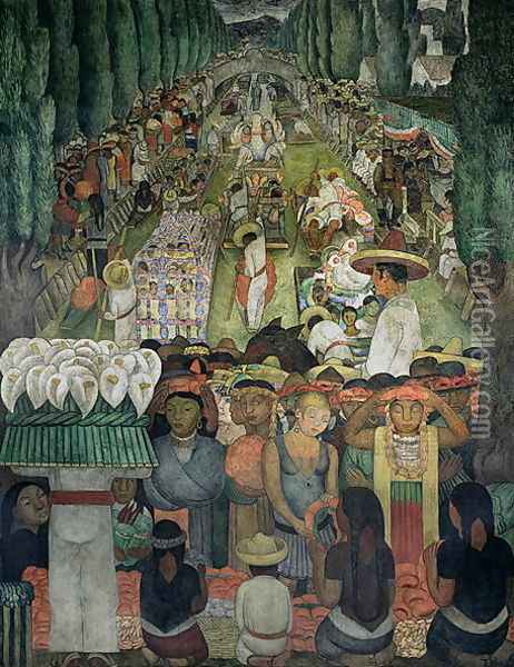 Friday of Sorrows on the Canal of Santa Anita, in the Court of the Fiestas, 1924 Oil Painting - Diego Rivera