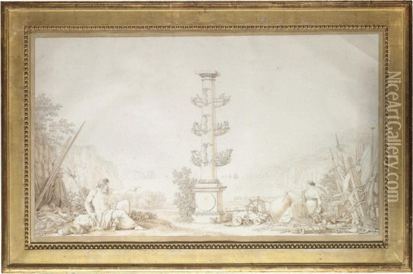 Poseidon (neptune), Athena (minerva), And A Rostral Column Oil Painting - Christian Heinrich Kniep