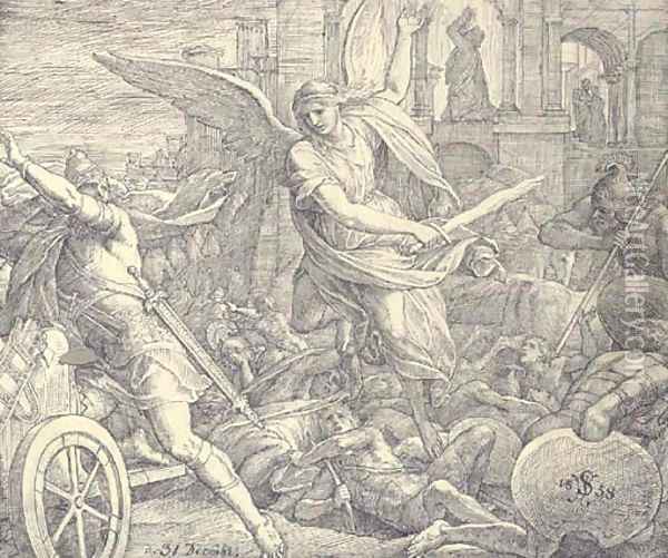 The Angel of the Lord defeating the armies of Sennacherib the Assyrian (II Chronicles XXXII21) Oil Painting - Julius Schnorr Von Carolsfeld