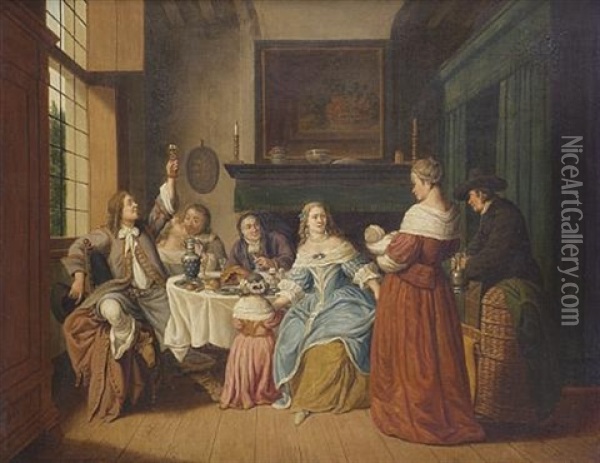 An Elegant Company Eating And Drinking In An Interior Oil Painting - Jan Josef Horemans the Younger