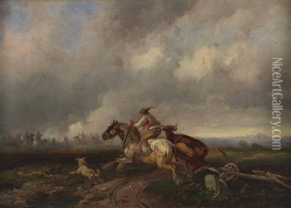 In Die Schlacht Galoppierender Reiter, Daneben Eine Kuh Und Ein Hund Oil Painting - Adolf Schmidt