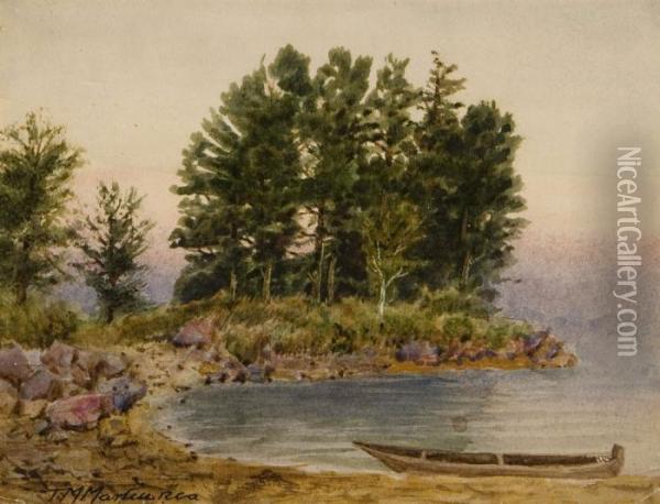 Canoe Docked At Shoreline. Oil Painting - Thomas Mower Martin