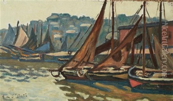 Boats In A Harbor Oil Painting - Henri Lienard De Saint-Delis