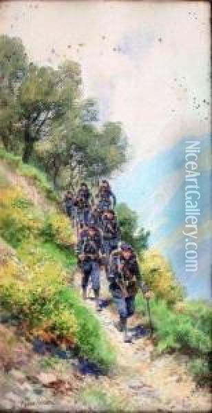 Chasseurs Alpins Descendant Le Sentier Oil Painting - Pierre Comba