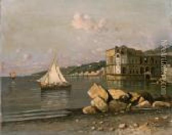 Spiaggia Con Barca A Palazzo Donn'anna Oil Painting - Giuseppe Carelli