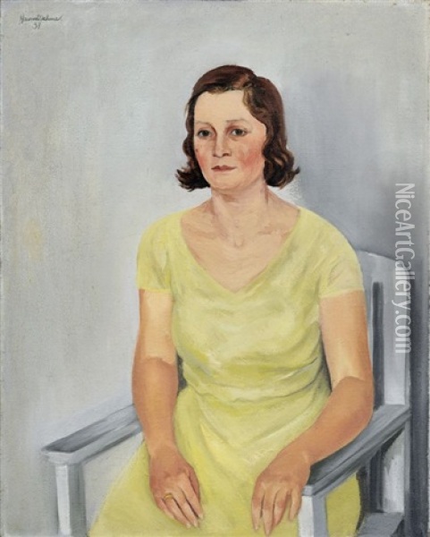 Bildnis Ruth Im Lindgrunen Kleid (ehefrau Des Kunstlers) Oil Painting - Hanns Oehme