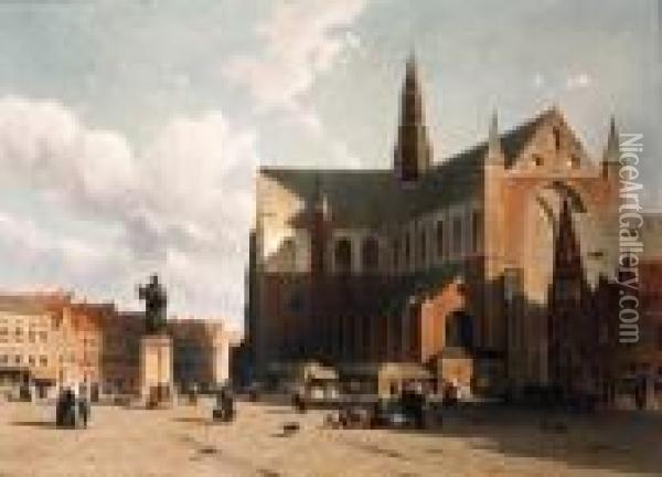 View Of The Grote Markt, 
Haarlem, With Numerous Townsfolk Strollingalong The Statue Of Laurens 
Jansz. Coster In Front Of The St.bavo Oil Painting - Jan Weissenbruch