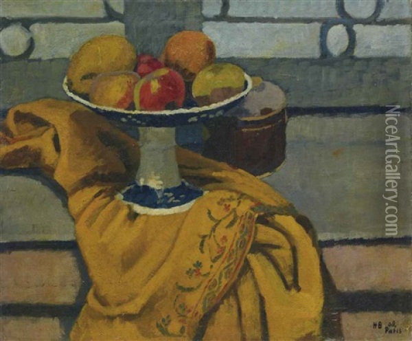 Fruchteschale Auf Gelbem Tuch Oil Painting - Hans Bruhlmann