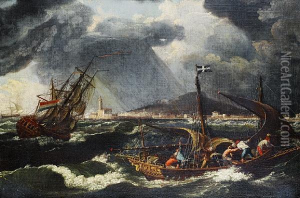 Shipping In Choppy Seas, A Mediterranean Port Beyond Oil Painting - Johann Eismann
