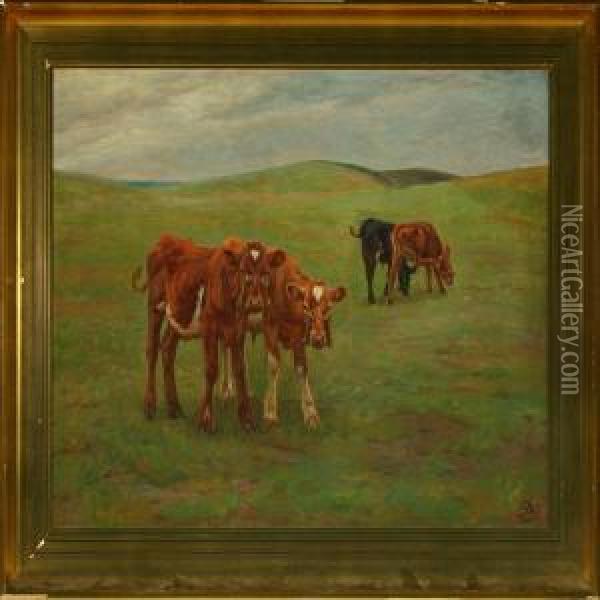 Calves In The Field Oil Painting - Johannes Resen-Steenstrup