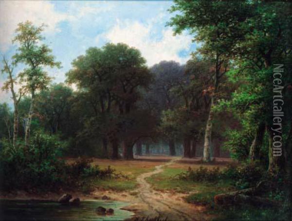A Path Through A Woodland Oil Painting - Hendrik Pieter Koekkoek
