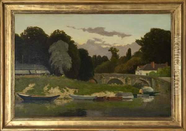 Veux Tout L'sole Lote (french River Landscape With Stone Bridge, Boats And House) Oil Painting - Hippolyte Camille Delpy
