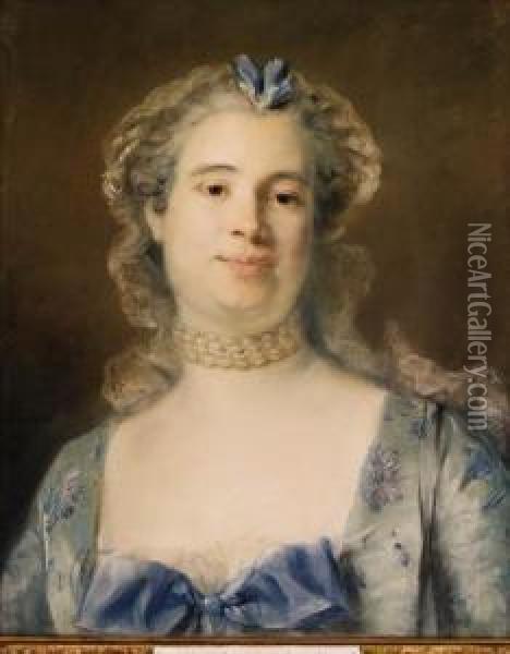 Portrait Of Madame Chevotet, 
Bust-length Wearing A Pale Green Silkdress With A Blue Ribbon, A Laced 
Bonnet And A Pearlednecklace Oil Painting - Jean-Baptiste Perronneau