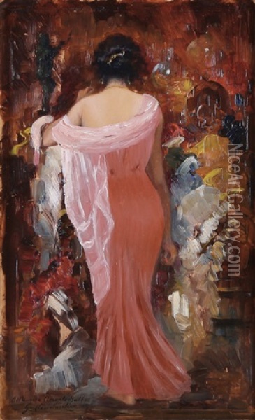 Figura Femminile In Abito Rosa Oil Painting - Giuseppe Pennasilico