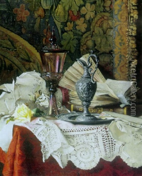 A Still Life With A Pewter Urn, Books, Music Sheets And Other Objects On A Table Oil Painting - Fritzi Mikesch