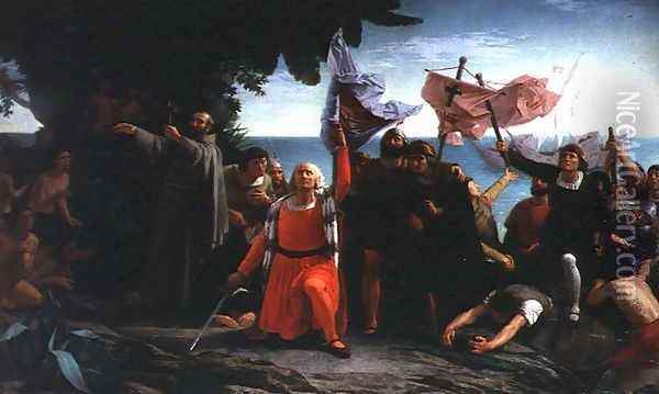The First Disembarkation of Christopher Columbus 1451-1506 in America, 1862 Oil Painting - Dioscoro Teofilo de la Puebla Tolin