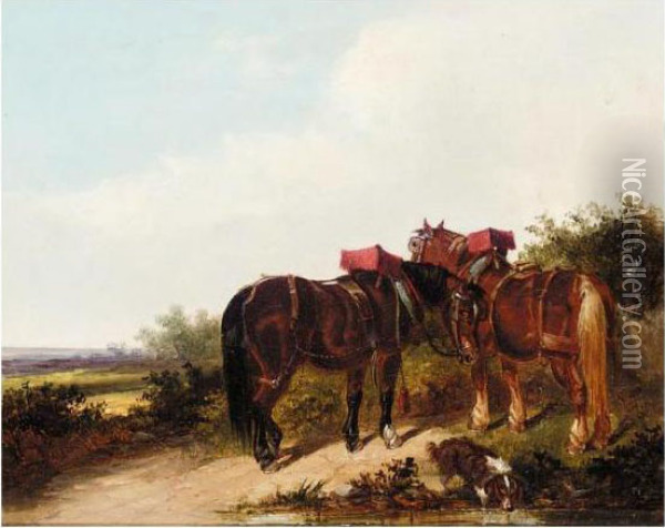 Two Horses And A Dog Oil Painting - Thomas Smythe