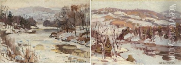 Two Works Depicting A River Through A Landscape In Winter Oil Painting - George Gardner Symons