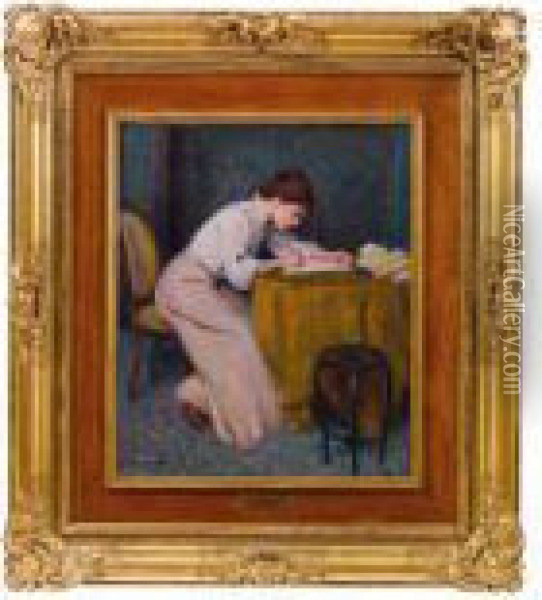 Jeune Fille Ecrivant Oil Painting - Federigo Zandomeneghi