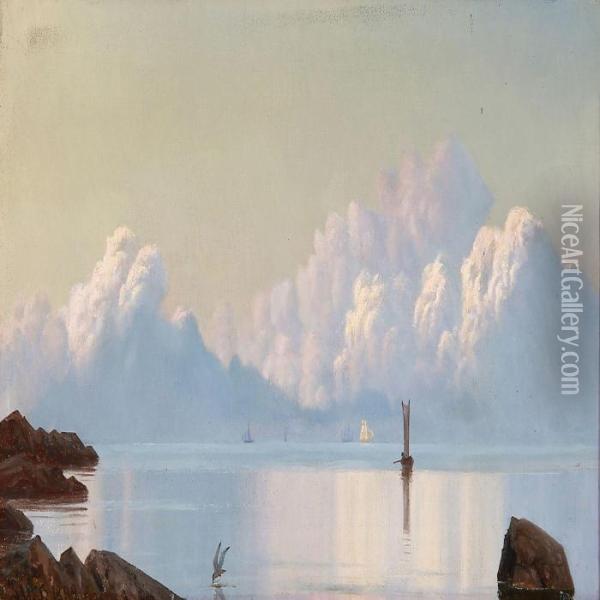 Rocky Coastal Scene, In The Background Clouds In The Evening Sund Oil Painting - Johan Ulrik Bredsdorff