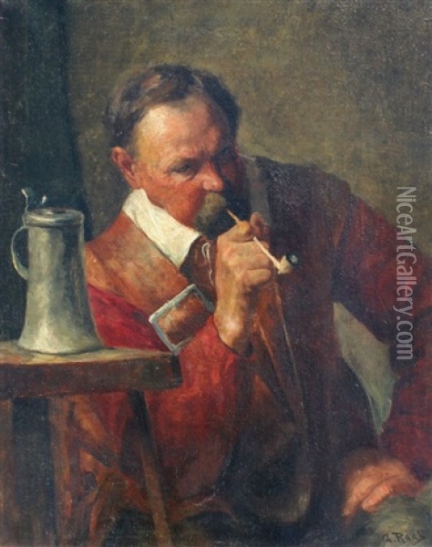 Cavalier Smoking In An Interior Oil Painting - George Raab