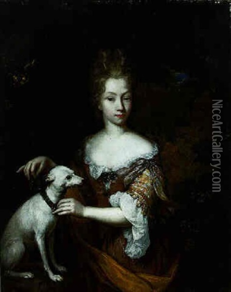 Portrait Of A Lady In A Landscape Putting A Collar On Her Dog Oil Painting - Constantyn Netscher
