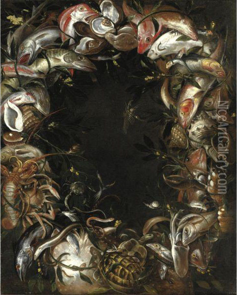 Corona Di Pesci, Crostacei, Molluschi E Una Tartaruga Oil Painting - Paolo Porpora