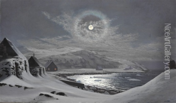 Full Moon Over A Greenlandic Settlement Oil Painting - Carl (Jens Erik C.) Rasmussen