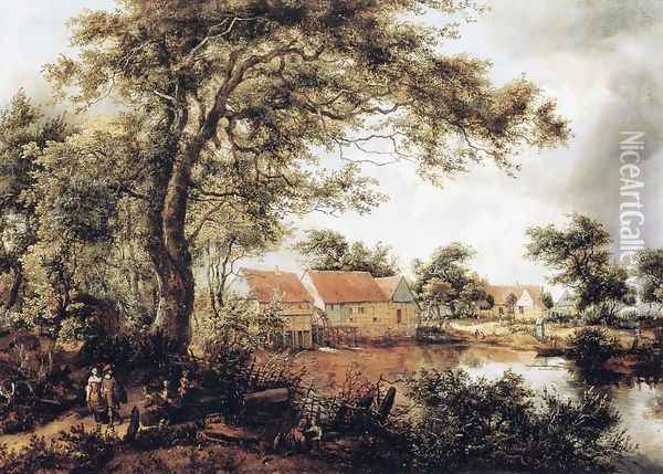 Wooded Landscape with Water Mill Oil Painting - Meindert Hobbema
