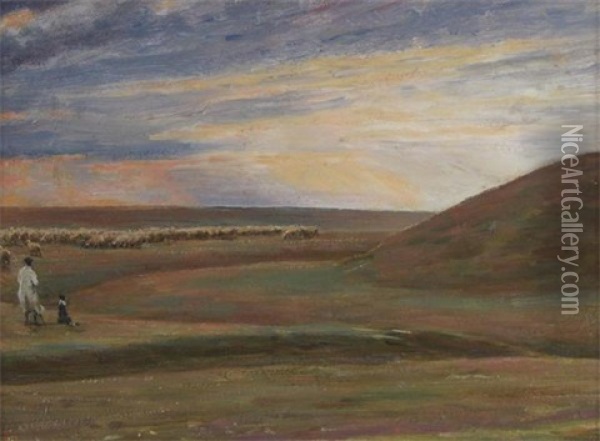 Sheep Near The Round Barrow, Stonehenge Oil Painting - Edgar Barclay