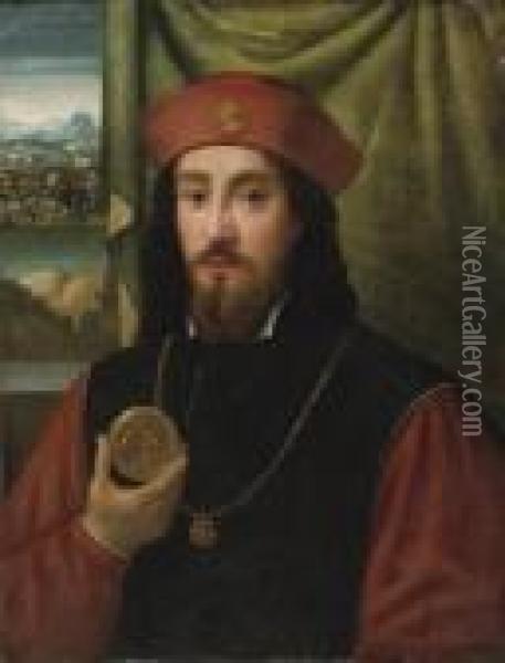 Portrait Of A Man Holding A Medal Oil Painting - Bartolomeo Veneto