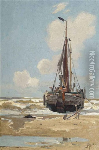 A Moored Fishing Vessel Oil Painting - Hendrik Willebrord Jansen