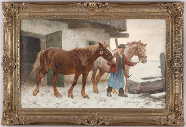 Bauer Mit Pferden Bei Der Tranke Im Winter Oil Painting - Julius von Blaas