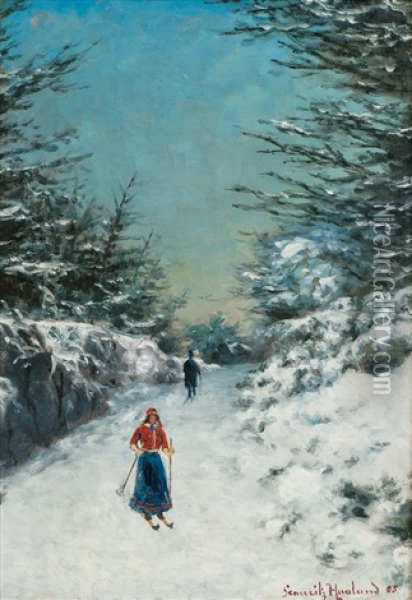Kvinnelig Skiloper I Skjort Og Vandrende Mann Med Flosshatt 1905 Oil Painting - Lauritz Haaland