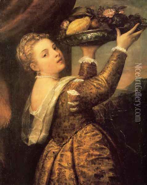 Girl with a Basket of Fruits (Lavinia) 1555-58 Oil Painting - Tiziano Vecellio (Titian)