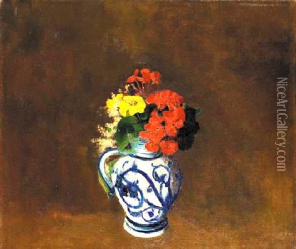 Fleurs Dans Un Vase A Motifs Bleus Oil Painting - Odilon Redon