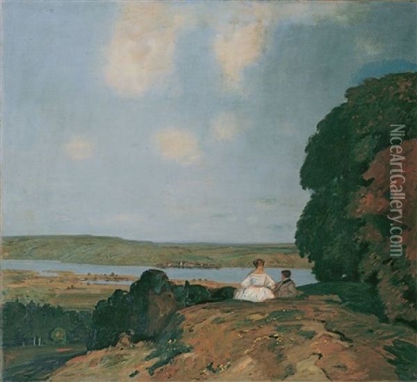 Paar Vor Flusslandschaft Oil Painting - Adolf Hengeler